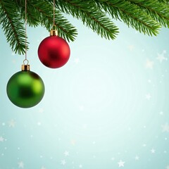 Colorful Christmas ornaments hanging from a decorated evergreen tree branches, festive, evergreen, garland