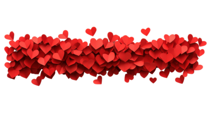 Many red paper hearts are floating on transparent background