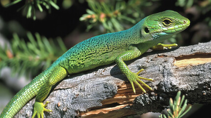 Fototapeta premium Green lizard on branch, green lizard sunbathing on branch, green lizard climb on wood, Jubata lizard