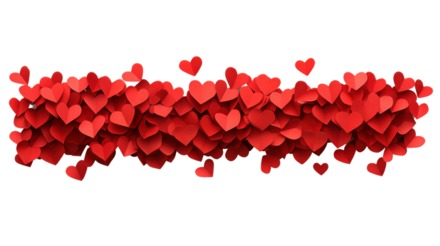 Many red paper hearts are floating on transparent background
