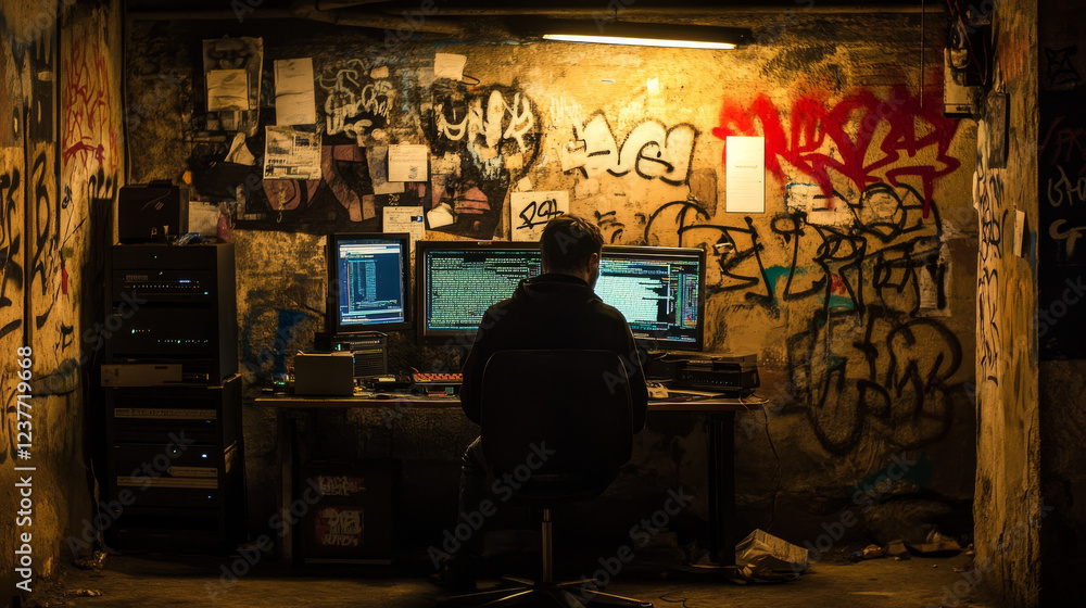 Poster hacker in foggy neon illuminated basement with graffiti drawings on walls using advanced technology 
