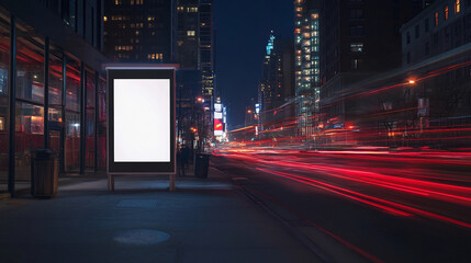 Fototapeta premium Realistic bus stop billboard mockup featuring a glowing blank ad panel in a bustling city at night with motion blur from traffic light trails. Ideal for branding, advertising, and promotional displays