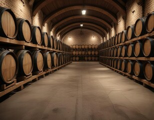 Historical winery cellar with rows of wooden oak wine barrels, rustic, winery