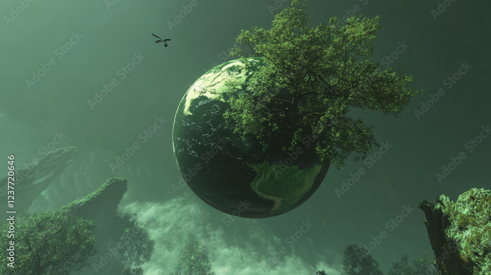 Poster green planet with trees and atmosphere for environment concept. jpeg version also available in galle