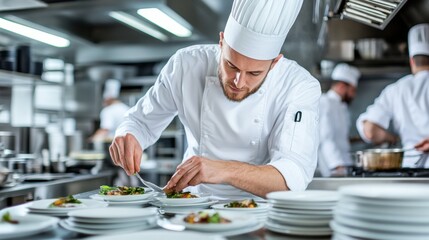 Professional chef plating gourmet dishes in a modern kitchen environment.