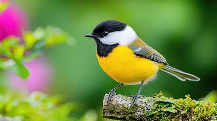 Yellow bird perched on branch, garden background, nature photography, website banner