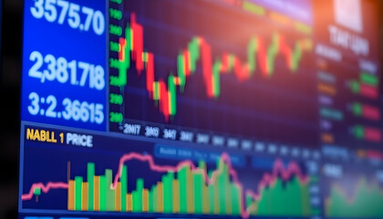 Stock market chart, candlestick graph, financial data visualization, colorful trading display, digital investment analysis, neon price indicators, economic trends, high-contrast market statistics, vib