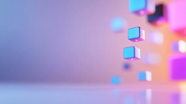 Fototapeta Colorful cubes falling in a futuristic studio  soft light background  perfect for tech or design presentations