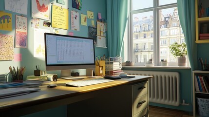 A minimalist workspace with a mood tracker calendar pinned to the wall