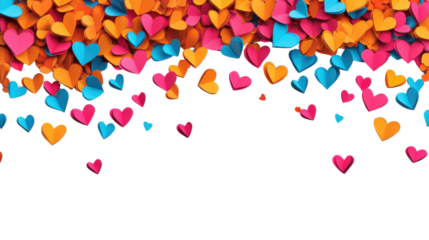 Colorful paper hearts falling on transparent background