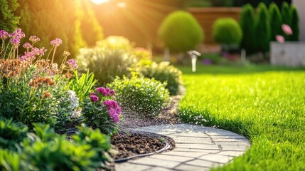 A neatly arranged garden with a drip irrigation system in use, conserving water efficiently