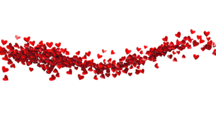 Flowing red hearts on transparent background