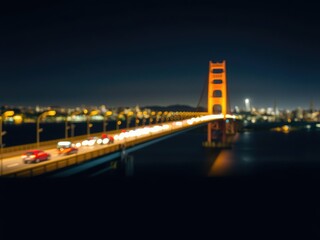 Fototapeta premium Long shot of the Richmond-San Rafael Bridge with blurred traffic and city lights in the background at night, California coastline, Richmond Bay Bridge, San Rafael Bridge