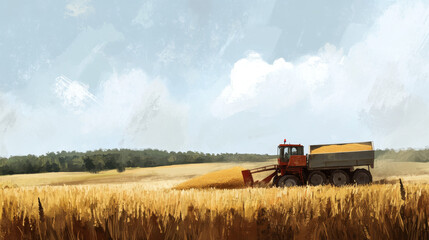 Obraz premium Combine harvester delivering harvested grain onto a grain trailer on a farm