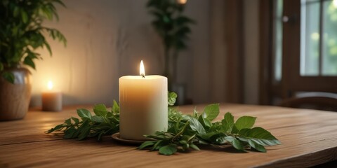 Lush green foliage surrounds a lit candle on a wooden table in a peaceful and calming environment, green leaves, earthy tones