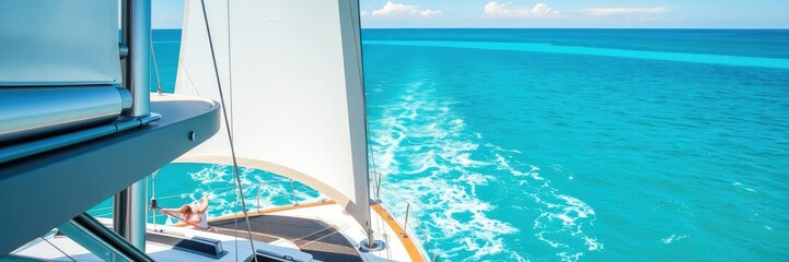 Obraz premium Luxurious yacht sailing in clear turquoise waters, showcasing elegant design and relaxation, sail, relaxation, elegance