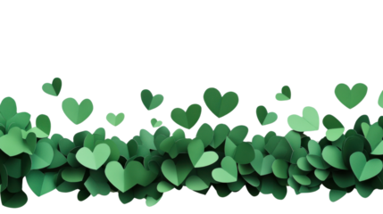 Green paper hearts floating and forming a bottom border on transparent background
