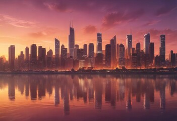 Fototapeta premium Mesmerizing sunset behind city skyline creating a stunning gradient of warm and cool tones, color spectrum, evening