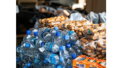 A pile of bottled water and energy bars packed for disaster relief volunteers