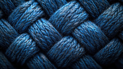 Close-up of intricately woven blue textile with a textured surface showing detailed fiber structure and weave pattern.