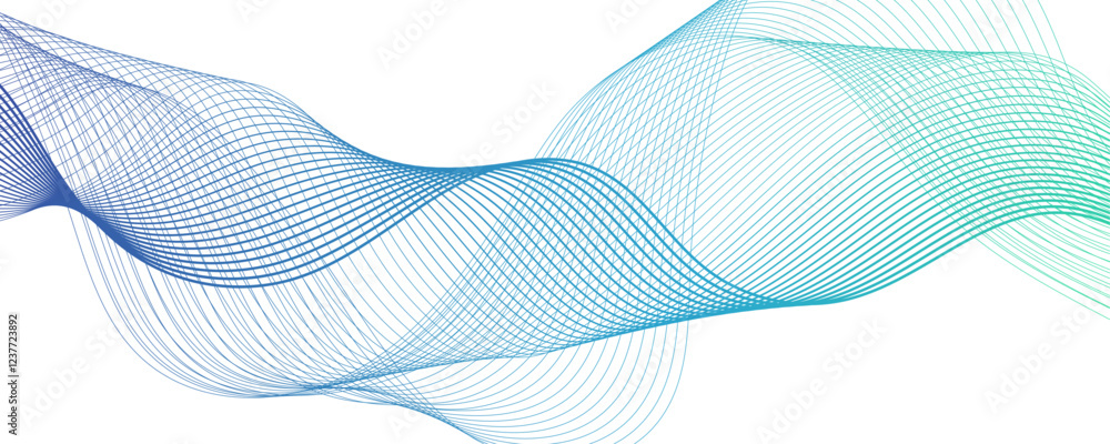 Fototapete Abstract muted background with azure wavy lines. Swirl wave teal color flow smooth design. Concept business presentation, Brochure, Flyer, Science, Technology. Pattern striped line curve flow