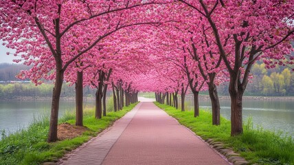 serene cherry blossom path flat design front view tranquility theme watercolor vivid