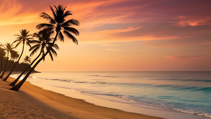 Sunset over the tropical beach with palm trees and ocean waves