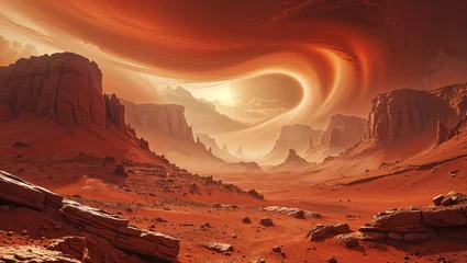 Selbstklebende Fototapeten Stunning red desert landscape with swirling clouds at sunset © demzp
