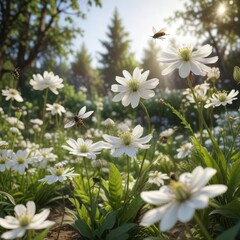 Morning garden scene with white flowers and insects pollinating, bugs, wildlife