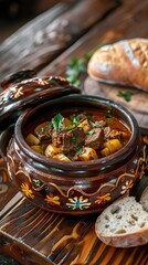 Hearty goat curry of meat chunks, goat ribs, potatoes, and carrot, sprinkled with parsley on top, served on a clay pot, on an oak wooden background. AI generated illustration