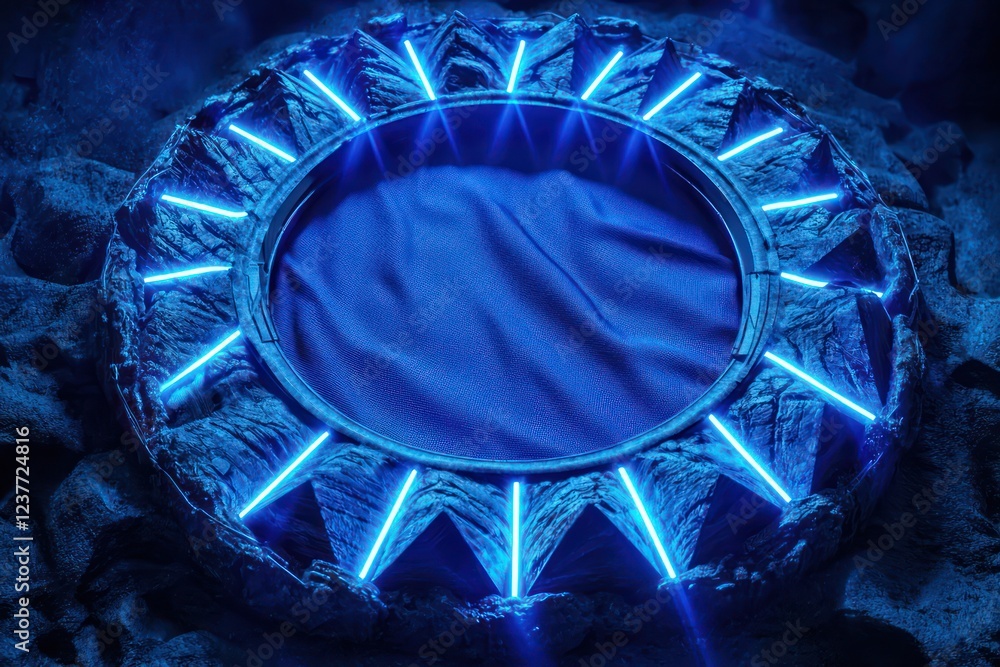 Poster radiating lines from a dynamic triangular neon blue frame surround a fabric badge mockup, set among 