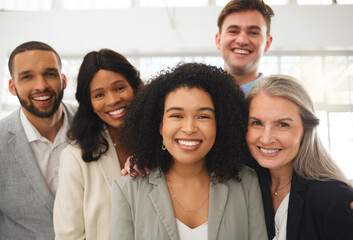 Business people, portrait and confident team in office, collaboration and support in partnership....