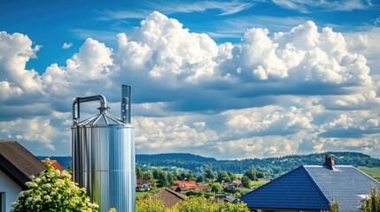 A rooftop rain collection system with pipes leading to a storage tank