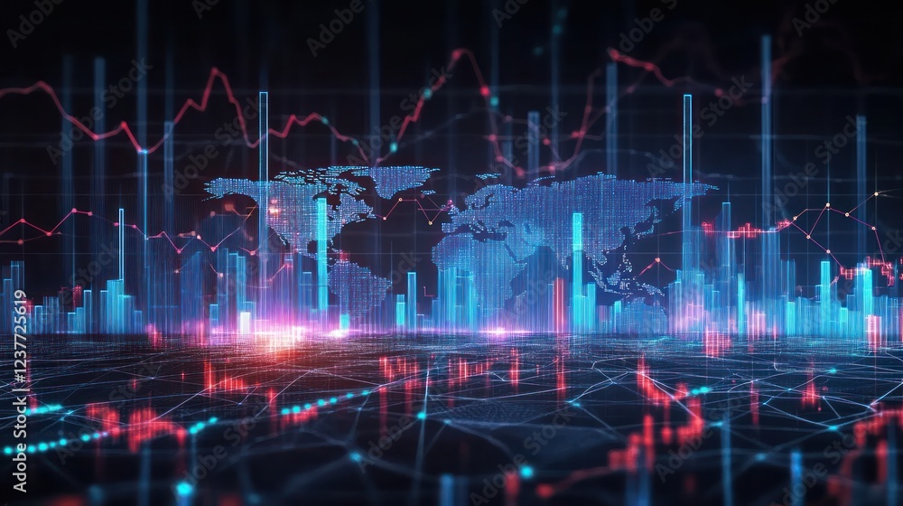 Poster Digital data visualization with world map and graphs