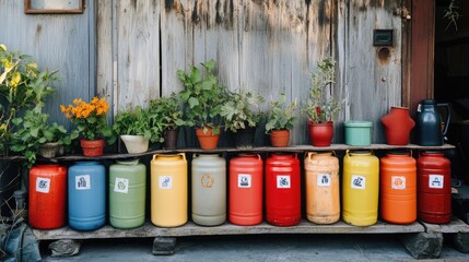 Fototapeta premium A row of labeled recycled water containers, showing different reuse purposes
