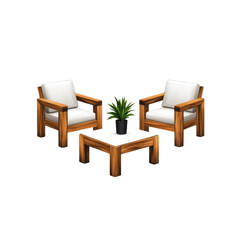 Modern Wooden Patio Furniture Set with Plant - Two Armchairs and Coffee Table