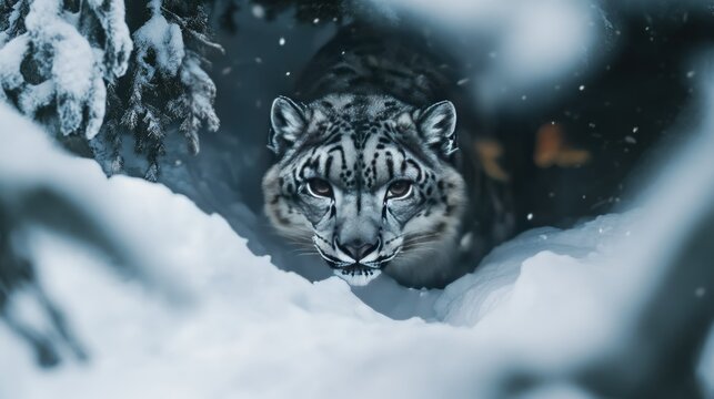 A snow leopard stalking through deep snow, eyes focused.