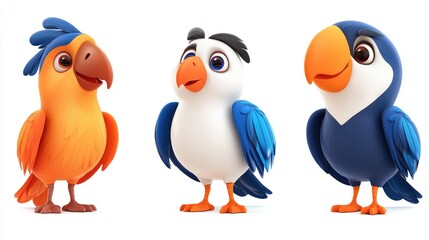 Fototapeta premium Three cartoon parrots chatting against white