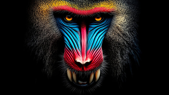 Mandril, monkey mandril open mouth, The mandrill (Mandrillus sphinx) male showing their sharp teeth