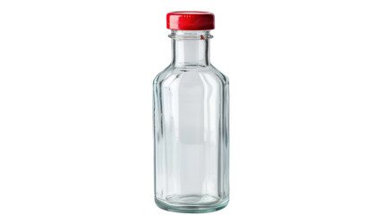 Empty glass bottle with red cap on transparent background