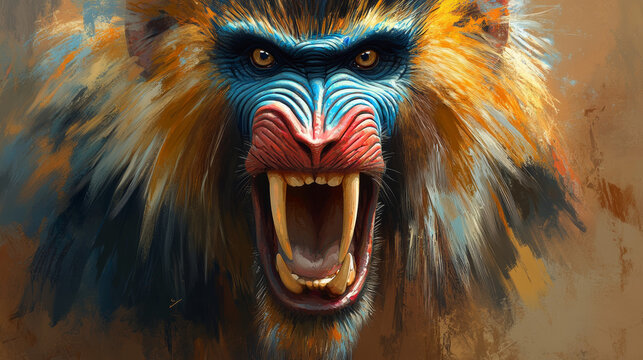 Mandril, monkey mandril open mouth, The mandrill (Mandrillus sphinx) male showing their sharp teeth