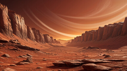 Naklejka premium Vast Martian landscape with rings and orange skies during sunset