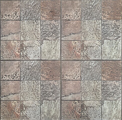 Close up of square checkerboard tiles in white, beige and pink color, with random pattern. Seamless checkered tiles pattern background texture. Suitable for outdoor flooring.