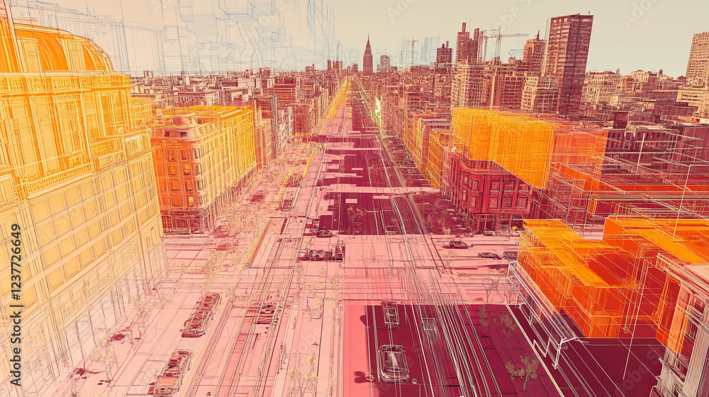 Poster connections system sphere global world view on city background 3d rendering