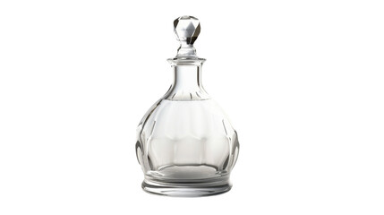 Crystal decanter filled with transparent liquid on transparent background