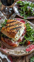 Toasted panini with ham, cheese and arugula sandwich on cutting board. AI generated illustration