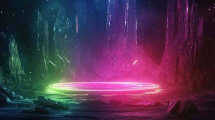 Vibrant mystical landscape with glowing portal and crystals
