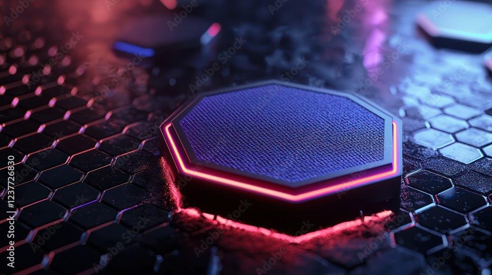 Poster neon-accented stitching on a hexagonal fabric badge, presented in 3d on a reflective dark background