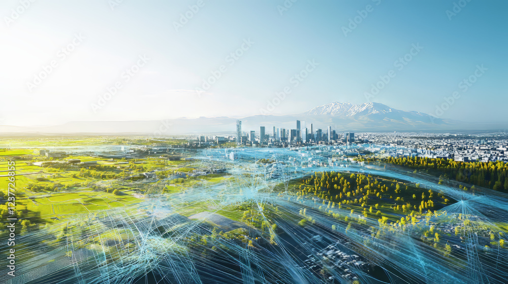 Poster connections system sphere global world view on city background 3d rendering