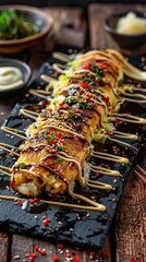 Okonomiyaki, Japanese cabbage pancake,Japanese pizza. AI generated illustration